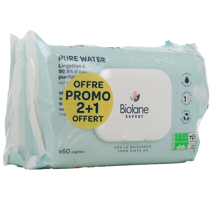 Biolane Expert Lingettes Pure Water 3 X 60 Lingettes