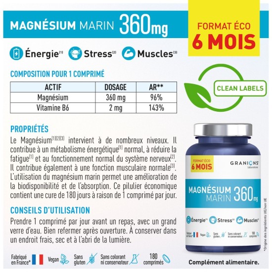 Granions supplément magnésium marin 180 comprimés