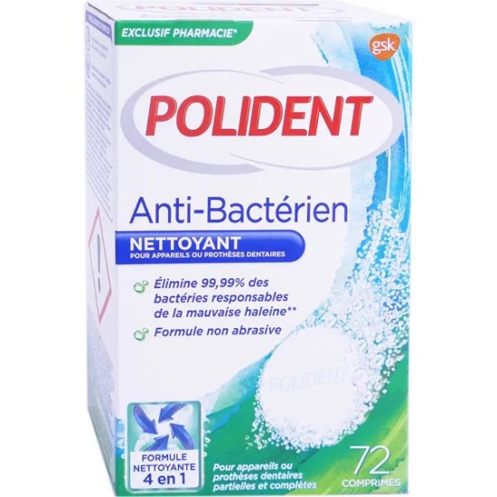 Polident nettoyant antibactérien 72 comprimés