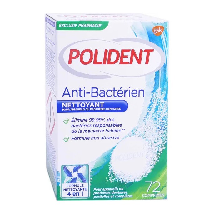 Polident nettoyant antibactérien 72 comprimés