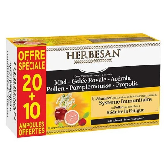 Herbesan miel gelé royal 30 ampoules de 15 ml
