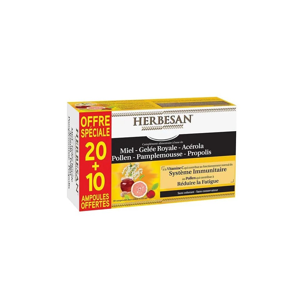 Herbesan miel gelé royal 30 ampoules de 15 ml