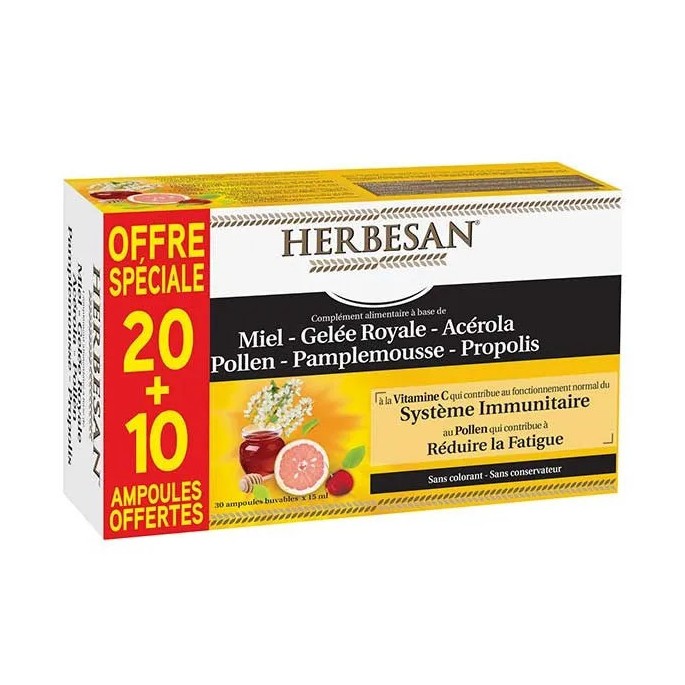Herbesan miel gelé royal 30 ampoules de 15 ml