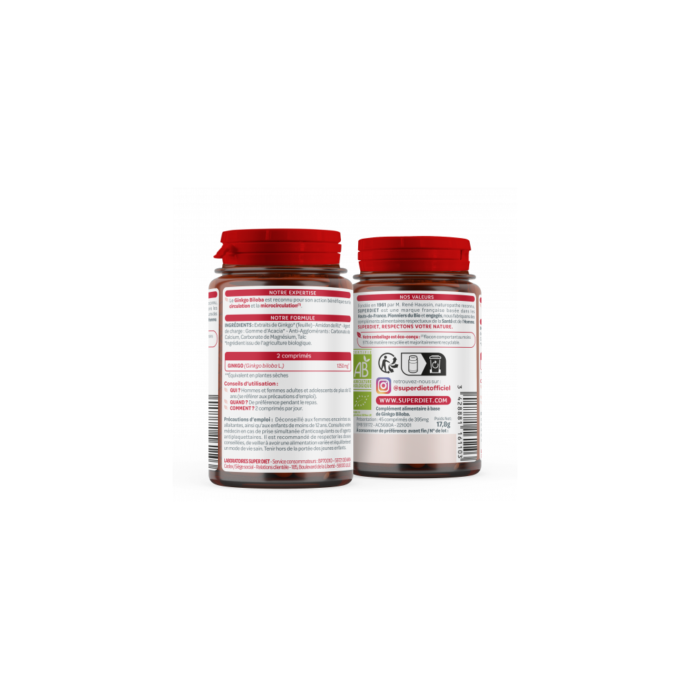Superdiet Ginkgo Biloba Bio 45 comprimés